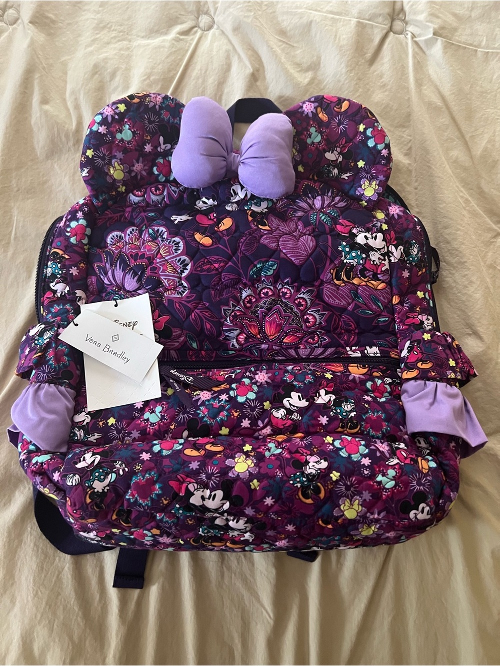 Vera Bradley Minnie Mouse Backpack Quilted Purple Floral Backpack with Bow Ears